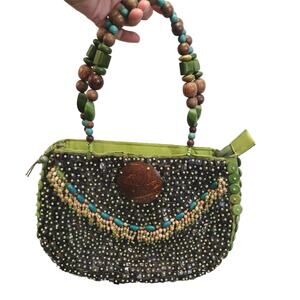 Cebu Purse Wooden Bead Art Hand Bag Retro 70s Green Brown Hippie Chic Fairy